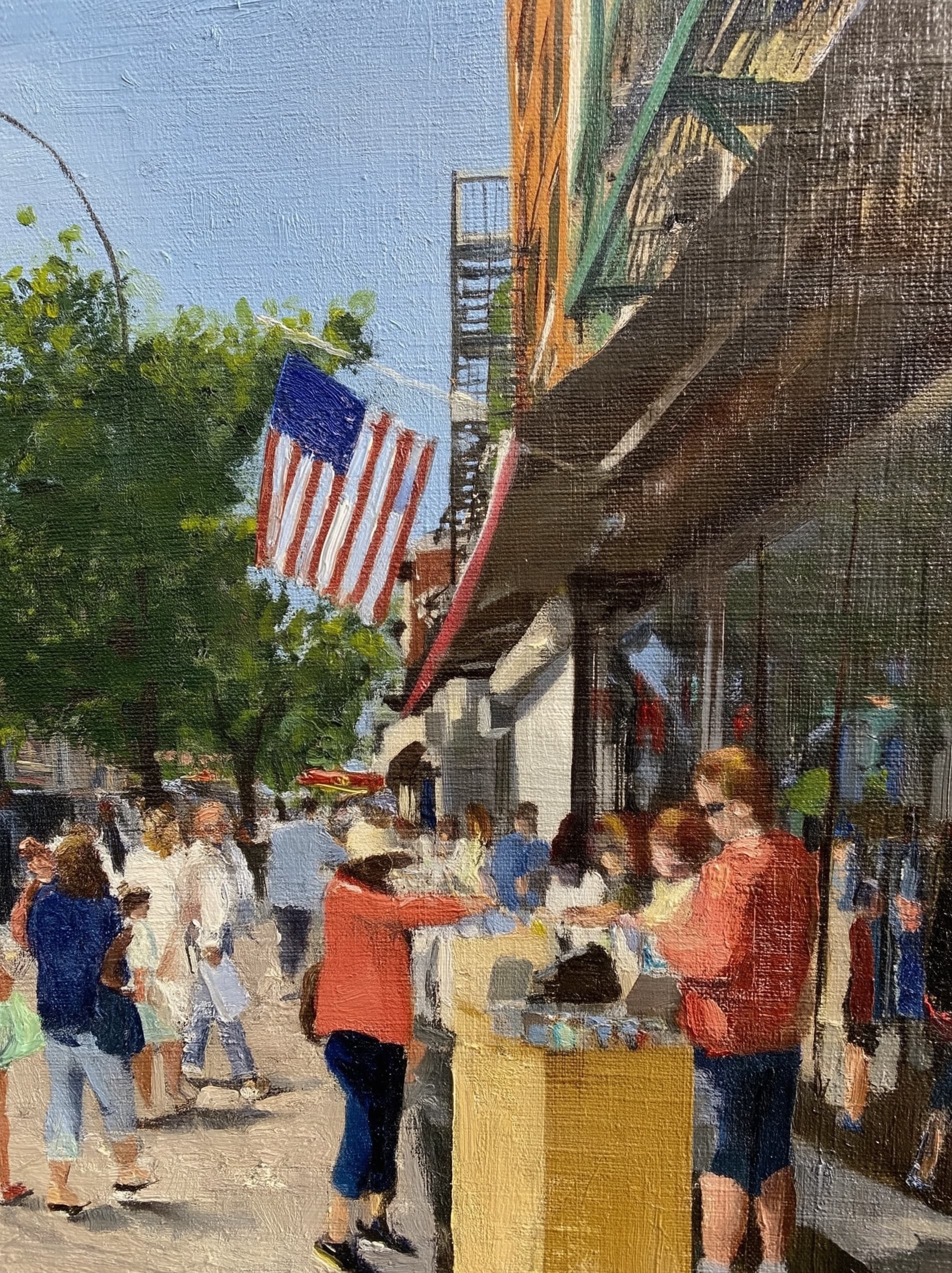 Oil painting of a lively community market scene on an American main street