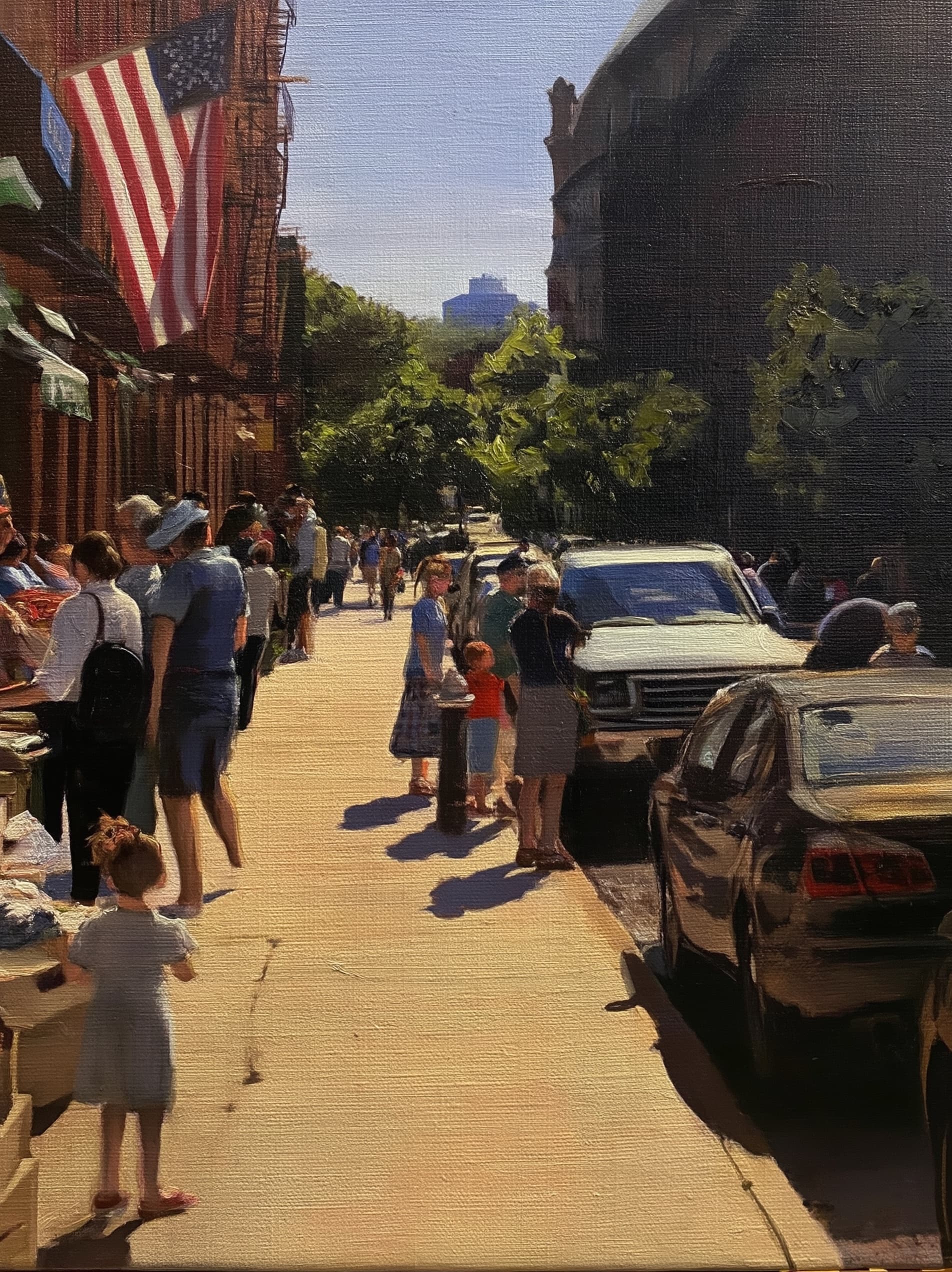 Oil painting of a sunny American sidewalk with families and storefronts