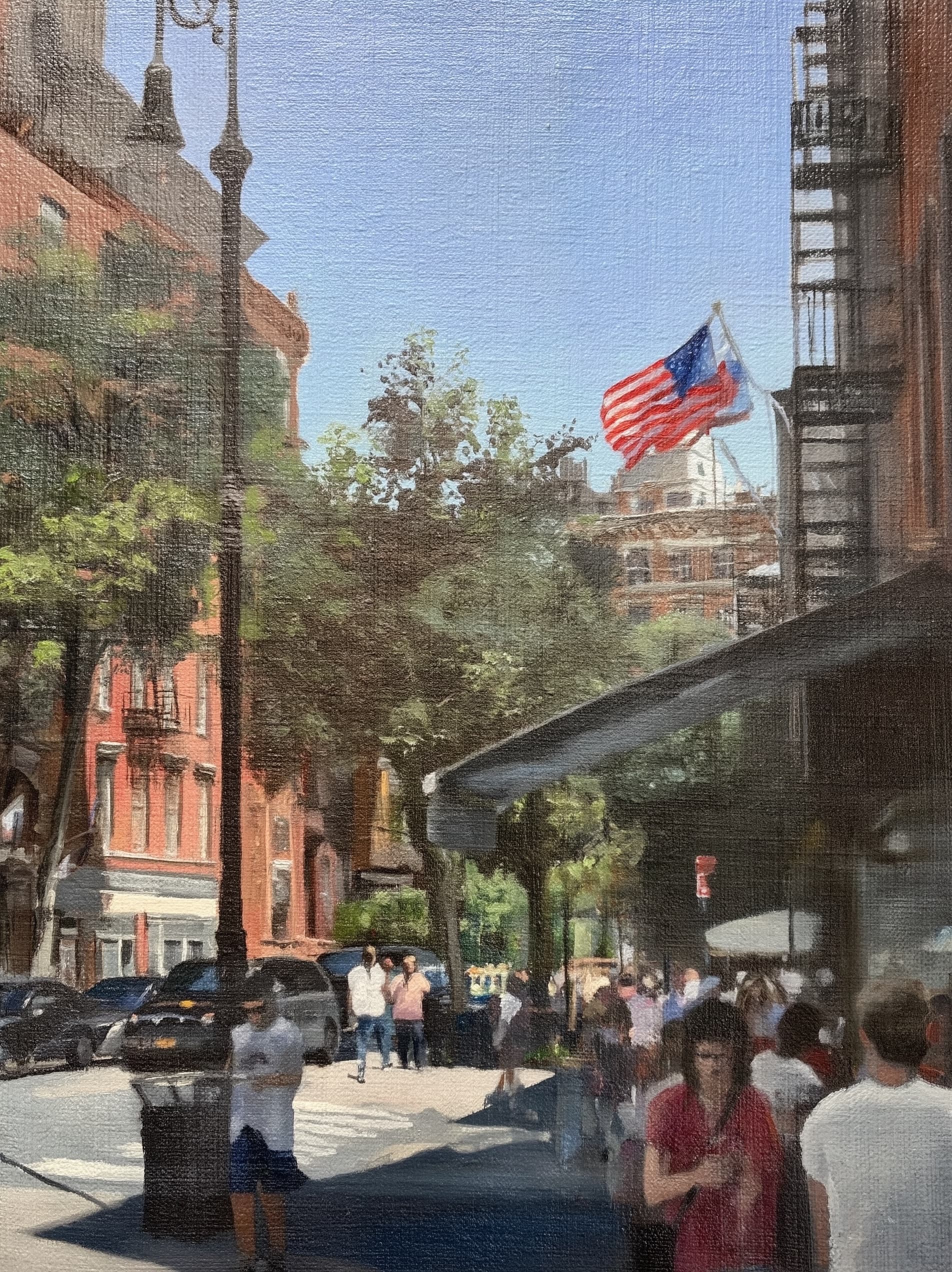 Oil painting of American storefronts with flag and bustling sidewalk