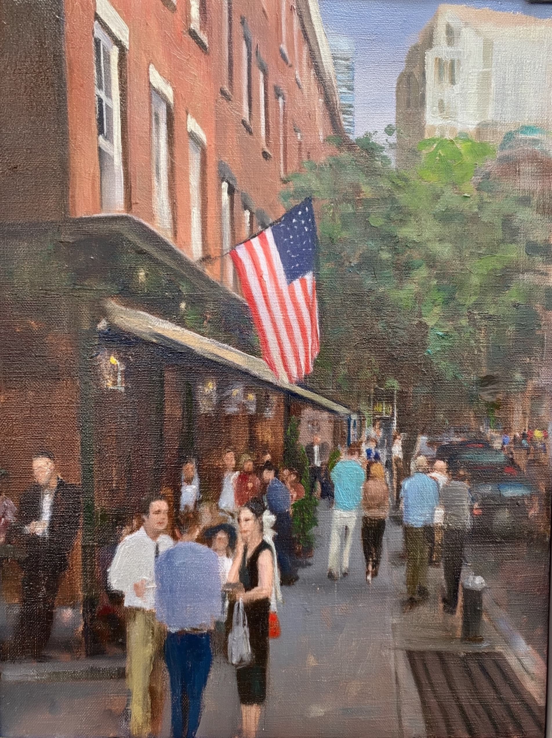 Oil painting of a bustling Sacramento street with American flag and outdoor dining